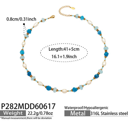 316L Stainless Steel 18K Gold PVD Aquamarine Pearl Necklace - Aquamarine Pearl Necklace Wholesale Stainless Steel Jewelry - Sensitive Skin Friendly - Detail 12