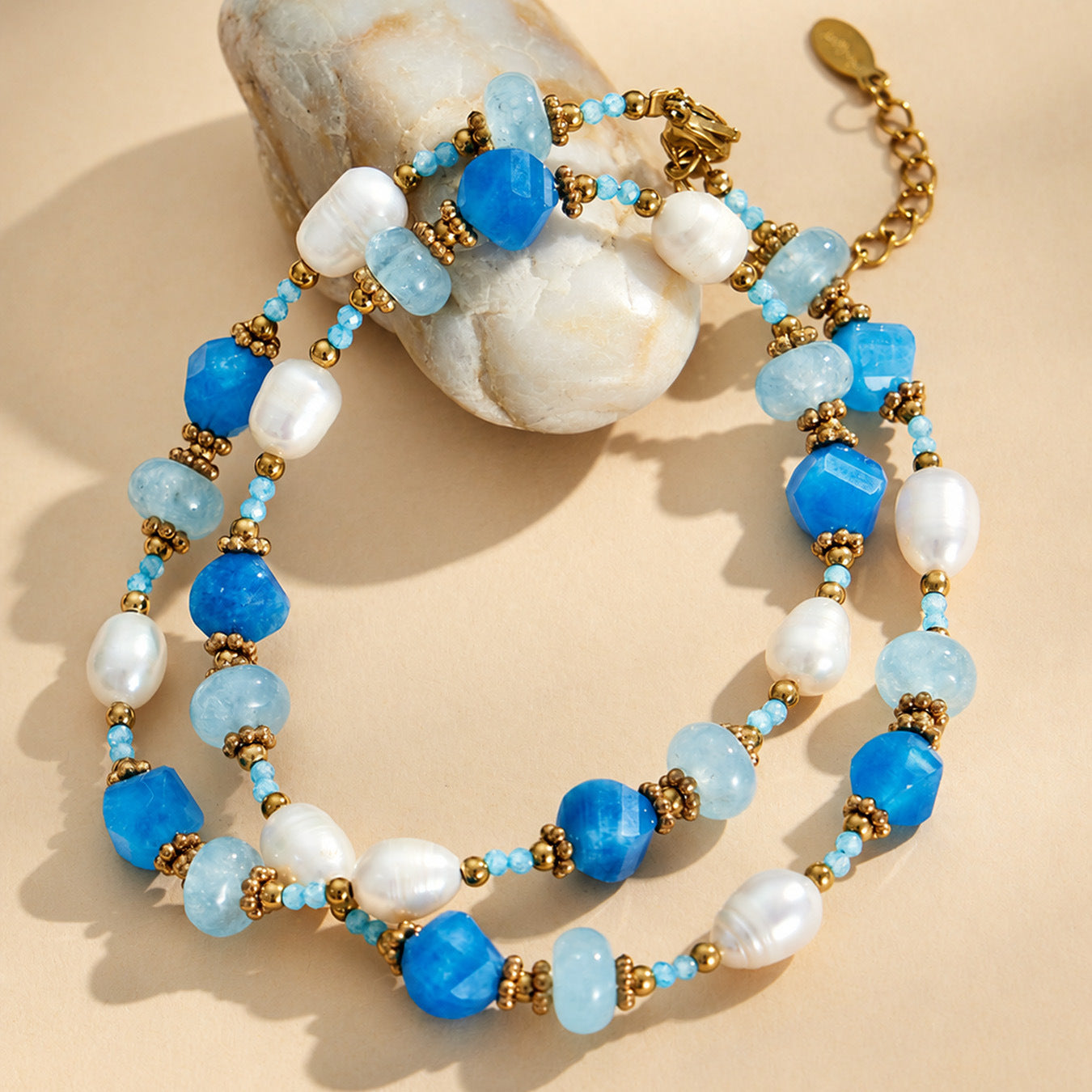 316L Stainless Steel 18K Gold PVD Aquamarine Pearl Necklace - Aquamarine Pearl Necklace Wholesale Stainless Steel Jewelry - Sensitive Skin Friendly - Detail 2