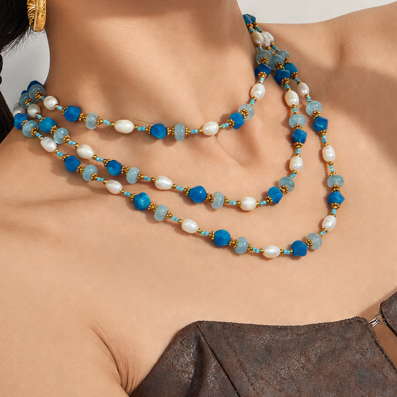 316L Stainless Steel 18K Gold PVD Aquamarine Pearl Necklace - Aquamarine Pearl Necklace Wholesale Stainless Steel Jewelry - Sensitive Skin Friendly - Detail 3