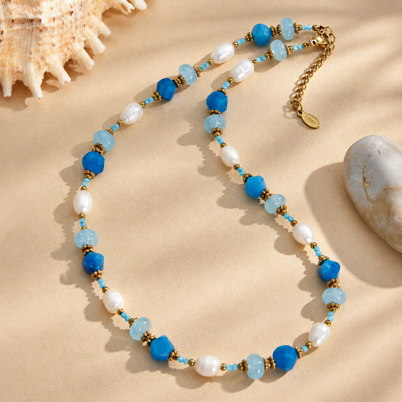 316L Stainless Steel 18K Gold PVD Aquamarine Pearl Necklace - Aquamarine Pearl Necklace Wholesale Stainless Steel Jewelry - Sensitive Skin Friendly - Detail 4
