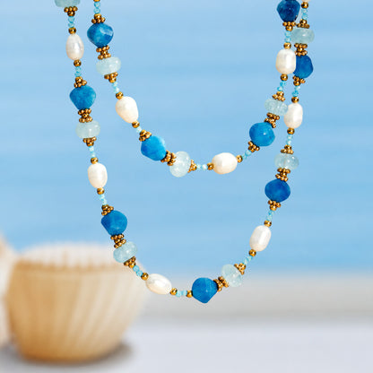 316L Stainless Steel 18K Gold PVD Aquamarine Pearl Necklace - Aquamarine Pearl Necklace Wholesale Stainless Steel Jewelry - Sensitive Skin Friendly - Detail 6