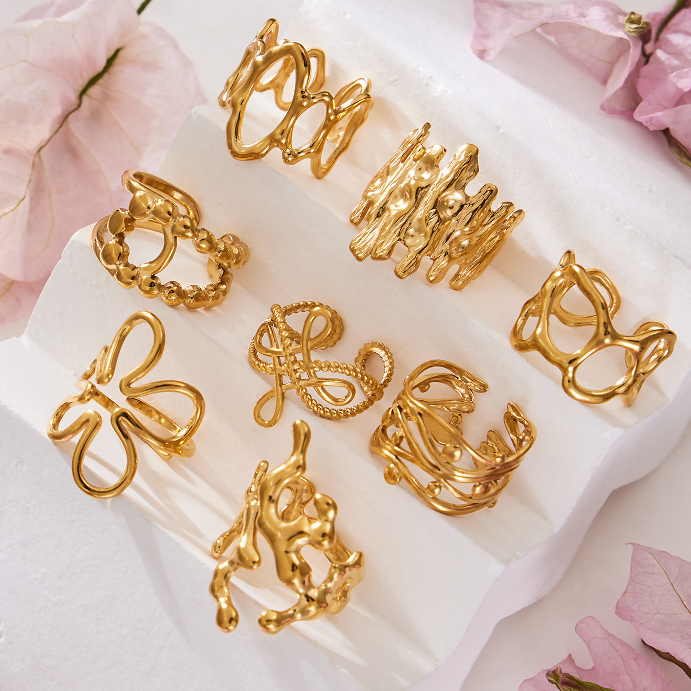 316L Stainless Steel 18K Gold PVD Artistic Flower Irregular Ring - Artistic Flower Irregular Design Modern Minimalist Wholesale Stainless Steel Jewelry - Sensitive Skin Friendly - Detail 12