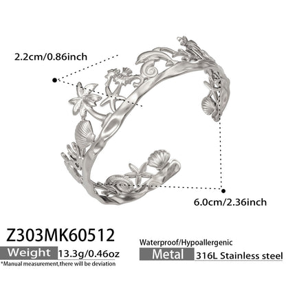 316L Stainless Steel 18K Gold PVD Beach Ocean Palm Tree Shell Open Bangle - Beach Ocean Palm Tree Shell Open Bangle Wholesale Stainless Steel Jewelry - Sensitive Skin Friendly - Detail 1