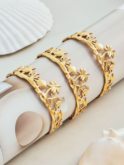 316L Stainless Steel 18K Gold PVD Beach Ocean Palm Tree Shell Open Bangle - Beach Ocean Palm Tree Shell Open Bangle Wholesale Stainless Steel Jewelry - Sensitive Skin Friendly - Detail 10