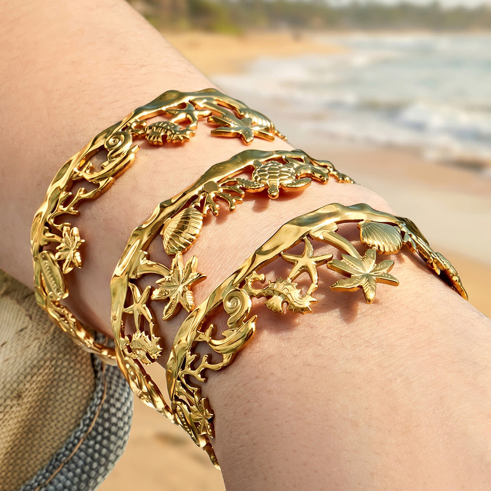 316L Stainless Steel 18K Gold PVD Beach Ocean Palm Tree Shell Open Bangle - Beach Ocean Palm Tree Shell Open Bangle Wholesale Stainless Steel Jewelry - Sensitive Skin Friendly - Detail 11