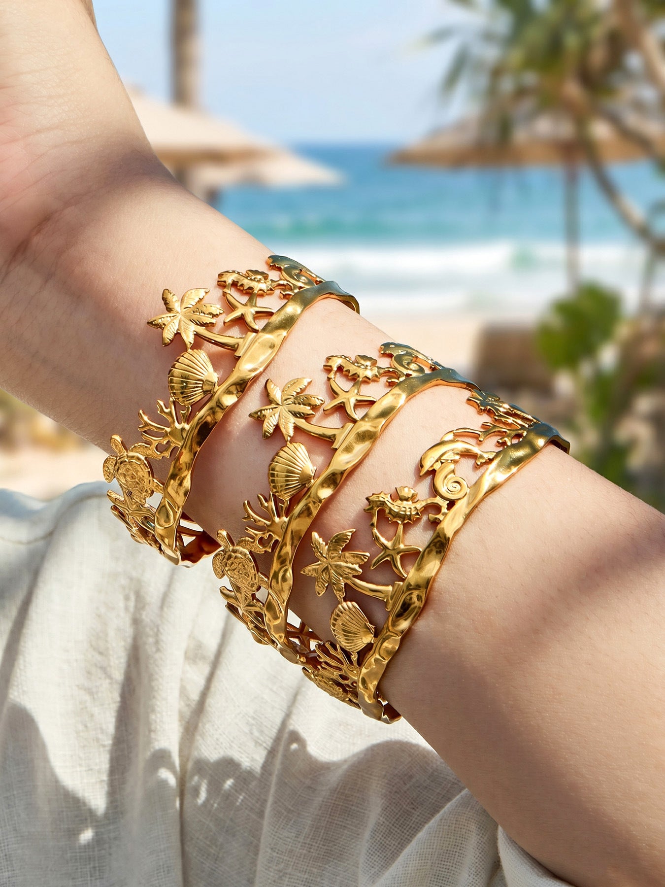 316L Stainless Steel 18K Gold PVD Beach Ocean Palm Tree Shell Open Bangle - Beach Ocean Palm Tree Shell Open Bangle Wholesale Stainless Steel Jewelry - Sensitive Skin Friendly - Detail 12