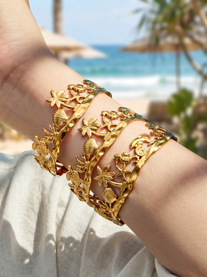 316L Stainless Steel 18K Gold PVD Beach Ocean Palm Tree Shell Open Bangle - Beach Ocean Palm Tree Shell Open Bangle Wholesale Stainless Steel Jewelry - Sensitive Skin Friendly - Detail 12