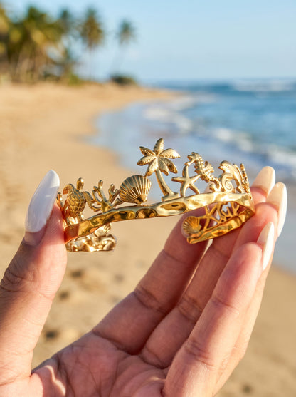 316L Stainless Steel 18K Gold PVD Beach Ocean Palm Tree Shell Open Bangle - Beach Ocean Palm Tree Shell Open Bangle Wholesale Stainless Steel Jewelry - Sensitive Skin Friendly - Detail 14