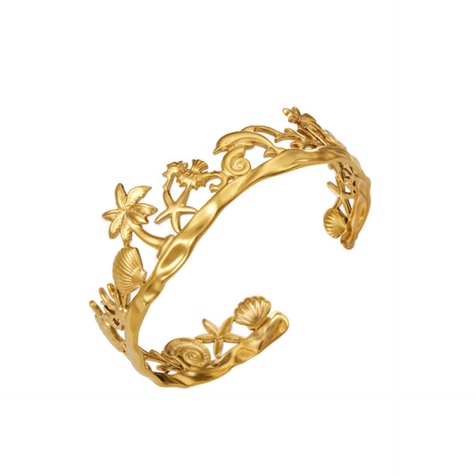 316L Stainless Steel 18K Gold PVD Beach Ocean Palm Tree Shell Open Bangle - Beach Ocean Palm Tree Shell Open Bangle Wholesale Stainless Steel Jewelry - Sensitive Skin Friendly - Detail 15