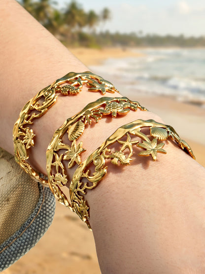 316L Stainless Steel 18K Gold PVD Beach Ocean Palm Tree Shell Open Bangle - Beach Ocean Palm Tree Shell Open Bangle Wholesale Stainless Steel Jewelry - Sensitive Skin Friendly - Detail 4
