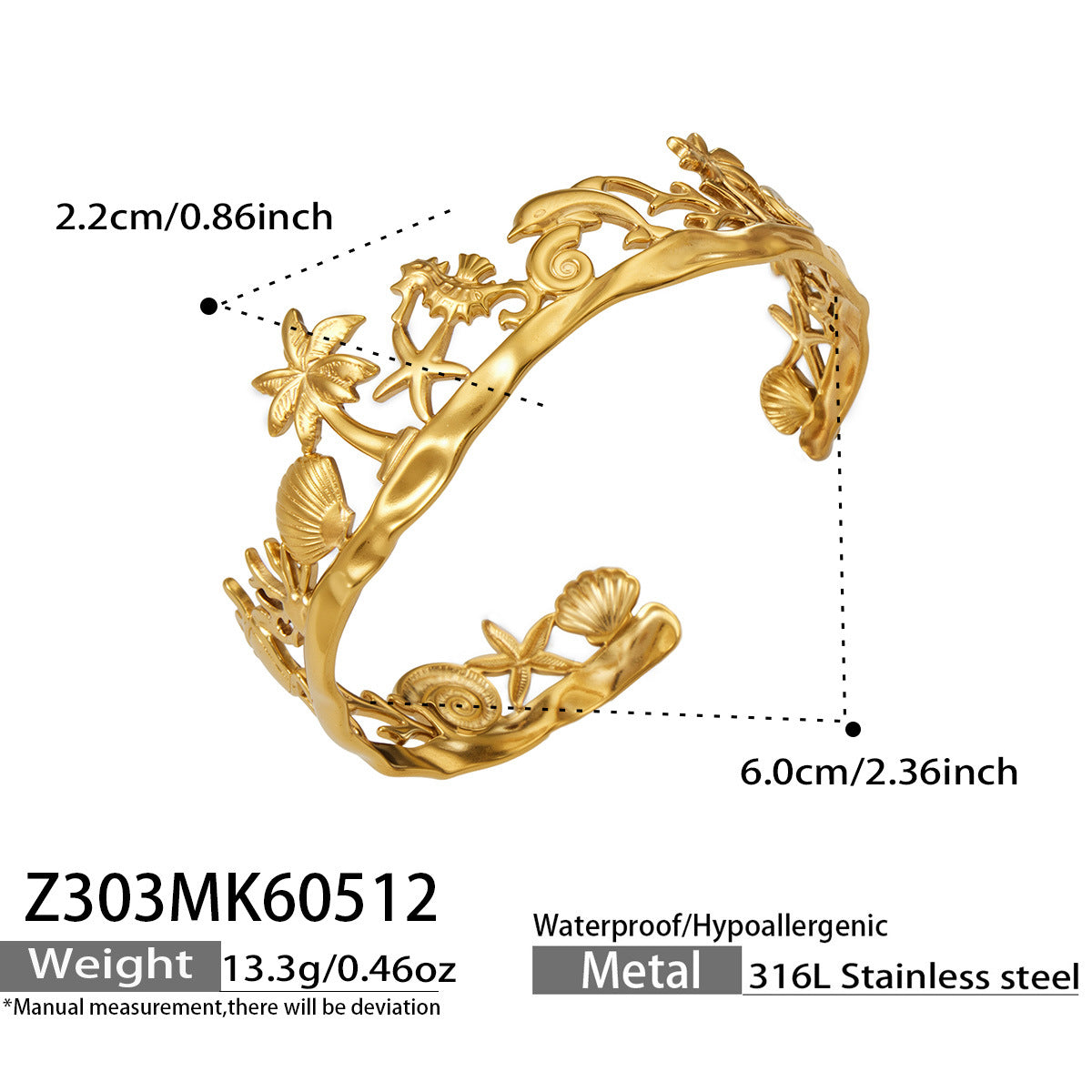 316L Stainless Steel 18K Gold PVD Beach Ocean Palm Tree Shell Open Bangle - Beach Ocean Palm Tree Shell Open Bangle Wholesale Stainless Steel Jewelry - Sensitive Skin Friendly - Detail 5