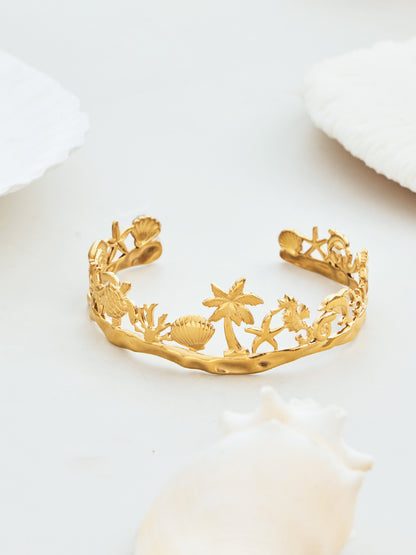 316L Stainless Steel 18K Gold PVD Beach Ocean Palm Tree Shell Open Bangle - Beach Ocean Palm Tree Shell Open Bangle Wholesale Stainless Steel Jewelry - Sensitive Skin Friendly - Detail 8