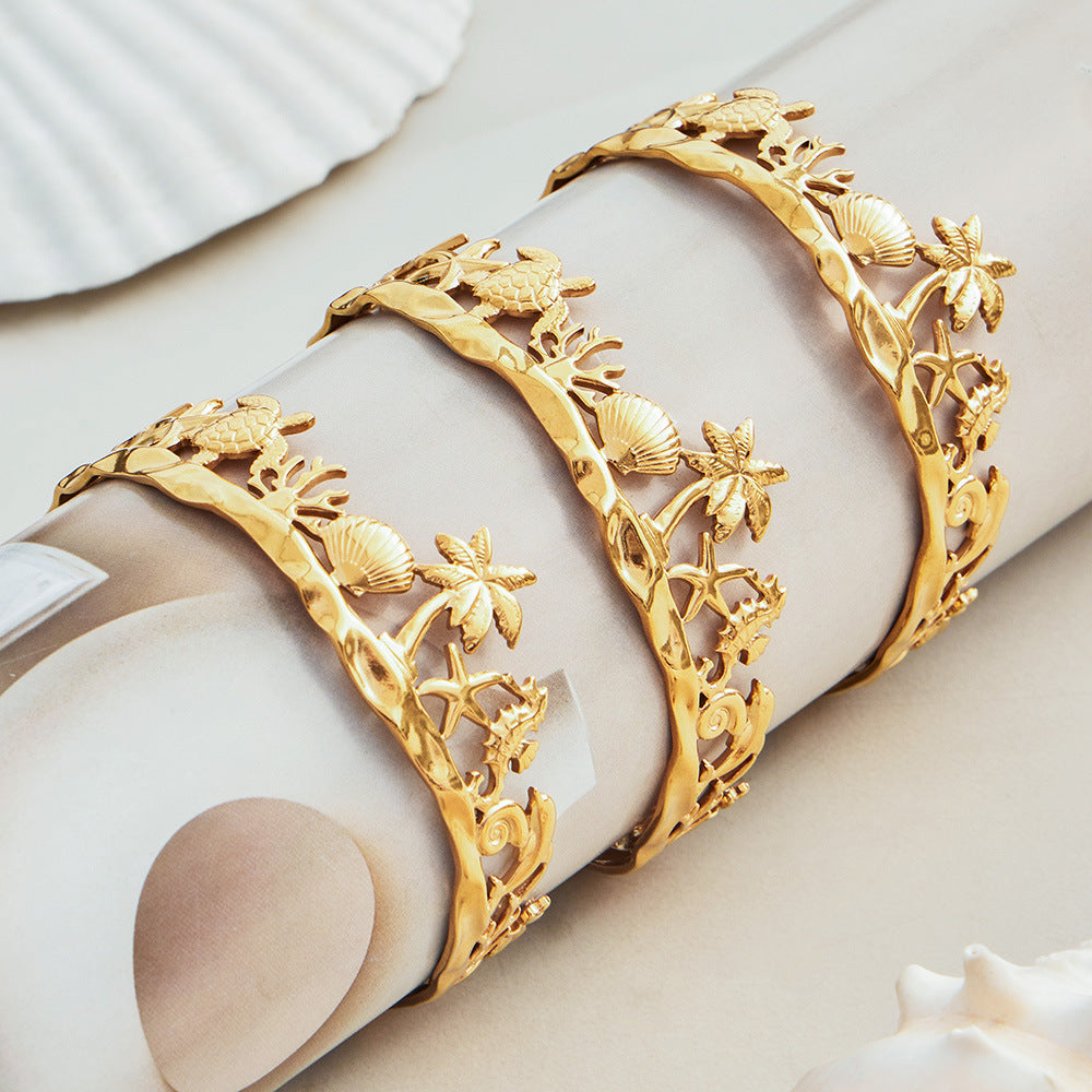 316L Stainless Steel 18K Gold PVD Beach Ocean Palm Tree Shell Open Bangle - Beach Ocean Palm Tree Shell Open Bangle Wholesale Stainless Steel Jewelry - Sensitive Skin Friendly - Detail 9