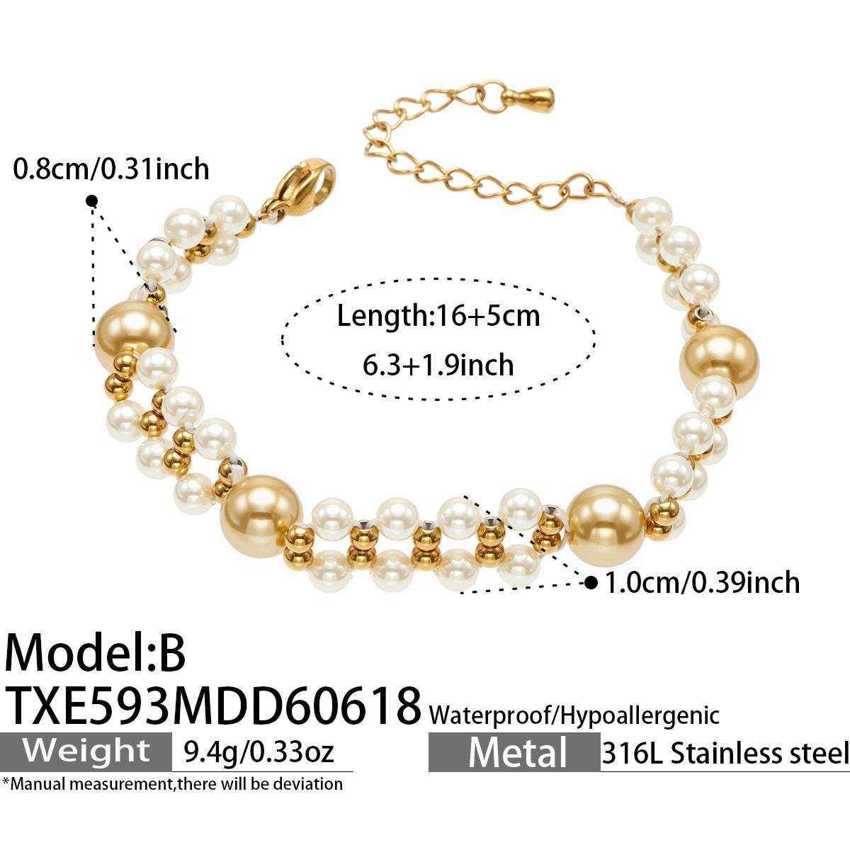 316L Stainless Steel 18K Gold PVD Bead Bracelet - Bead Bracelet, Modern Design Wholesale Stainless Steel Jewelry - Sensitive Skin Friendly - Detail 6