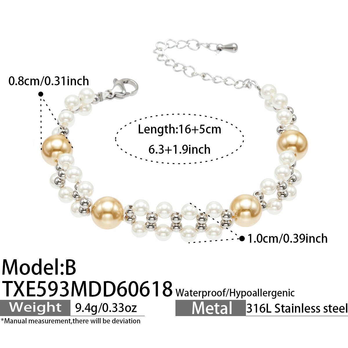 316L Stainless Steel 18K Gold PVD Bead Bracelet - Bead Bracelet, Modern Design Wholesale Stainless Steel Jewelry - Sensitive Skin Friendly - Detail 8