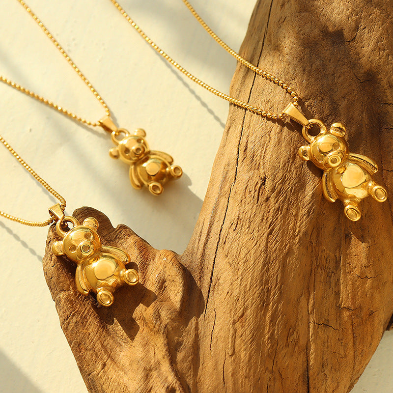 316L Stainless Steel 18K Gold PVD Bear Charm Necklace - Minimalist Bear Charm, French Style, Light Luxury Wholesale Stainless Steel Jewelry - Sensitive Skin Friendly - Detail 2