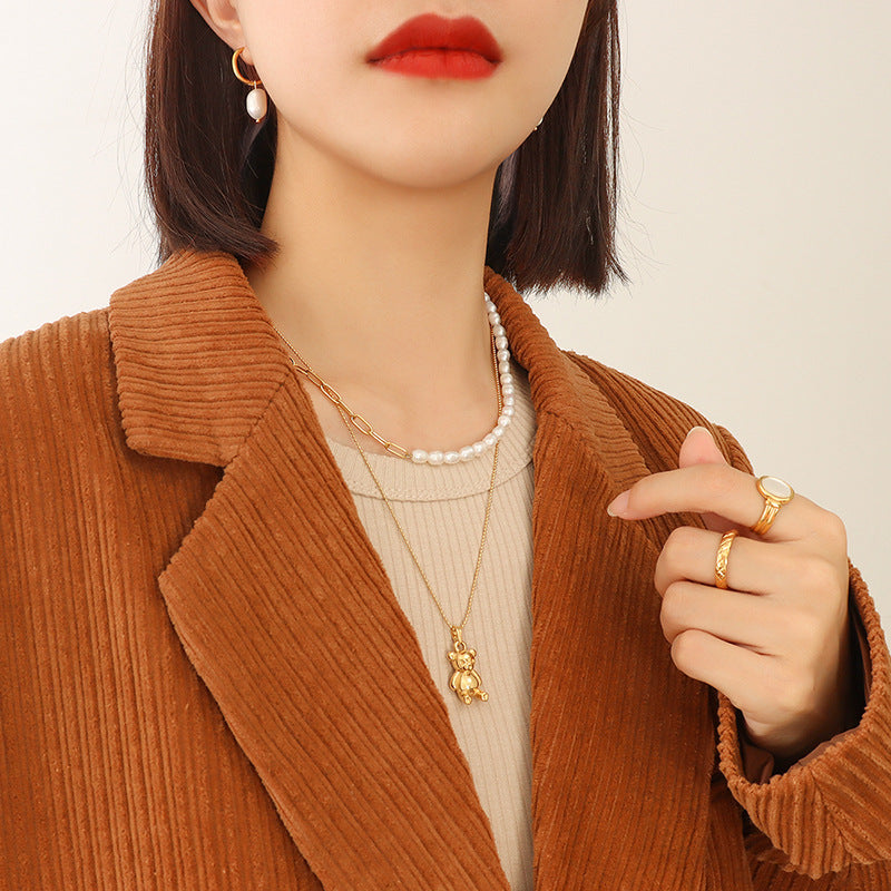 316L Stainless Steel 18K Gold PVD Bear Charm Necklace - Minimalist Bear Charm, French Style, Light Luxury Wholesale Stainless Steel Jewelry - Sensitive Skin Friendly - Detail 3