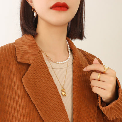 316L Stainless Steel 18K Gold PVD Bear Charm Necklace - Minimalist Bear Charm, French Style, Light Luxury Wholesale Stainless Steel Jewelry - Sensitive Skin Friendly - Detail 3