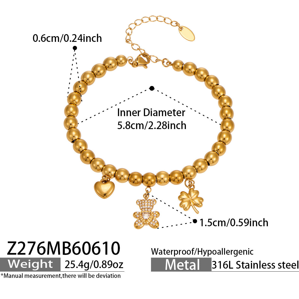 316L Stainless Steel 18K Gold PVD Bear Heart Bracelet - Whimsical Bear Heart Design Wholesale Stainless Steel Jewelry - Sensitive Skin Friendly - Detail 1