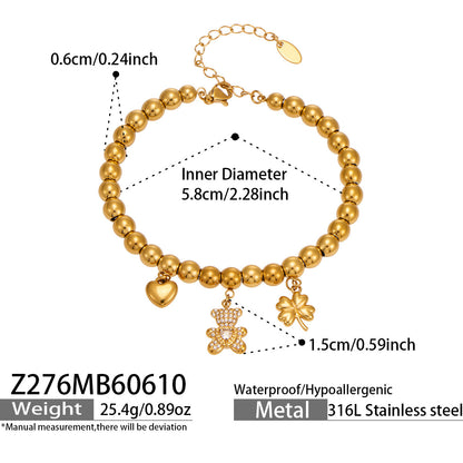 316L Stainless Steel 18K Gold PVD Bear Heart Bracelet - Whimsical Bear Heart Design Wholesale Stainless Steel Jewelry - Sensitive Skin Friendly - Detail 1