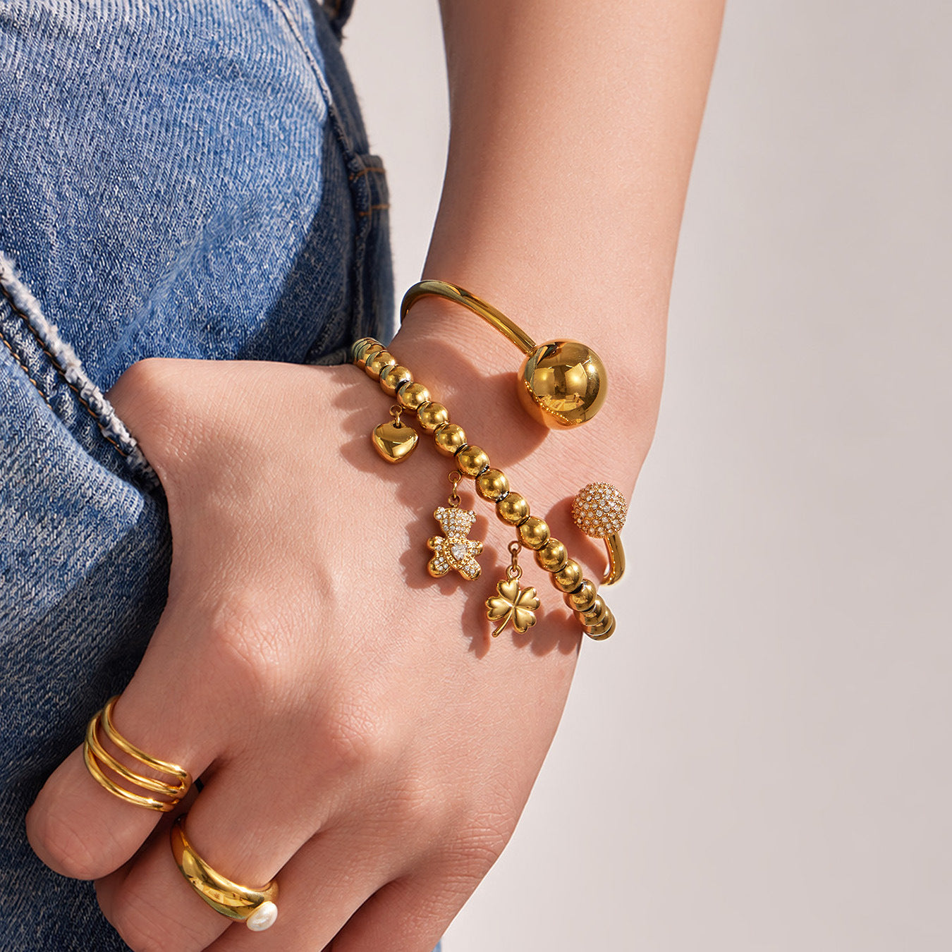 316L Stainless Steel 18K Gold PVD Bear Heart Bracelet - Whimsical Bear Heart Design Wholesale Stainless Steel Jewelry - Sensitive Skin Friendly - Detail 6