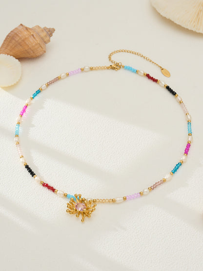 316L Stainless Steel 18K Gold PVD Bohemian Handcrafted Beaded Freshwater Pearl Flower Necklace - Bohemian Handcrafted Beaded Freshwater Pearl Flower Necklace Wholesale Stainless Steel Jewelry - Sensitive Skin Friendly - Detail 1