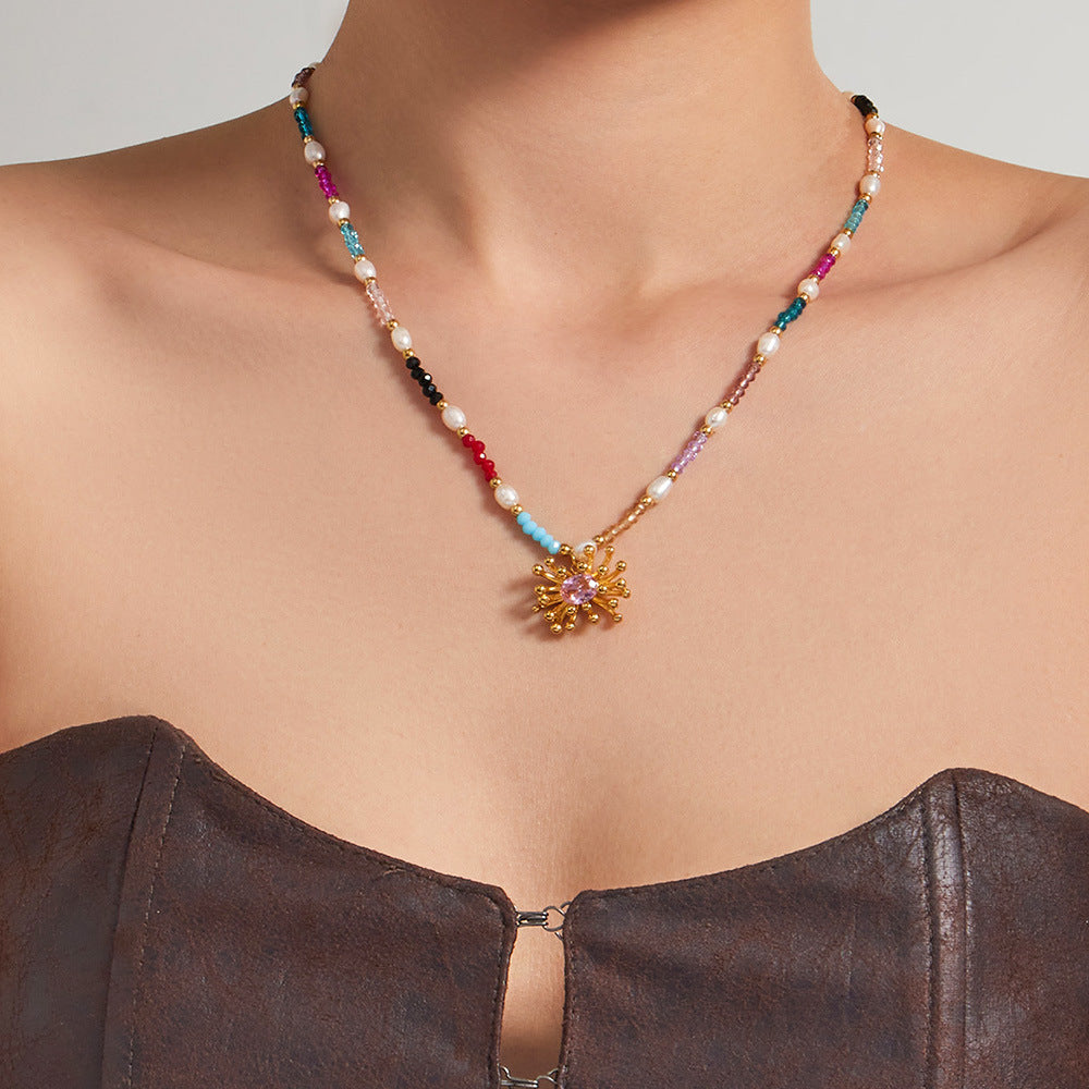 316L Stainless Steel 18K Gold PVD Bohemian Handcrafted Beaded Freshwater Pearl Flower Necklace - Bohemian Handcrafted Beaded Freshwater Pearl Flower Necklace Wholesale Stainless Steel Jewelry - Sensitive Skin Friendly - Detail 11