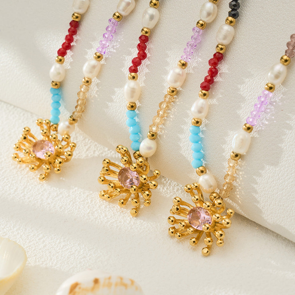 316L Stainless Steel 18K Gold PVD Bohemian Handcrafted Beaded Freshwater Pearl Flower Necklace - Bohemian Handcrafted Beaded Freshwater Pearl Flower Necklace Wholesale Stainless Steel Jewelry - Sensitive Skin Friendly - Detail 9