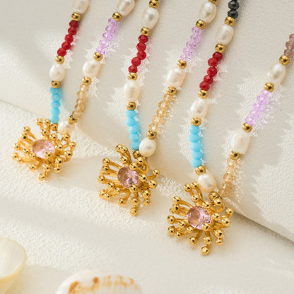 316L Stainless Steel 18K Gold PVD Bohemian Handcrafted Beaded Freshwater Pearl Flower Necklace - Bohemian Handcrafted Beaded Freshwater Pearl Flower Necklace Wholesale Stainless Steel Jewelry - Sensitive Skin Friendly - Detail 9