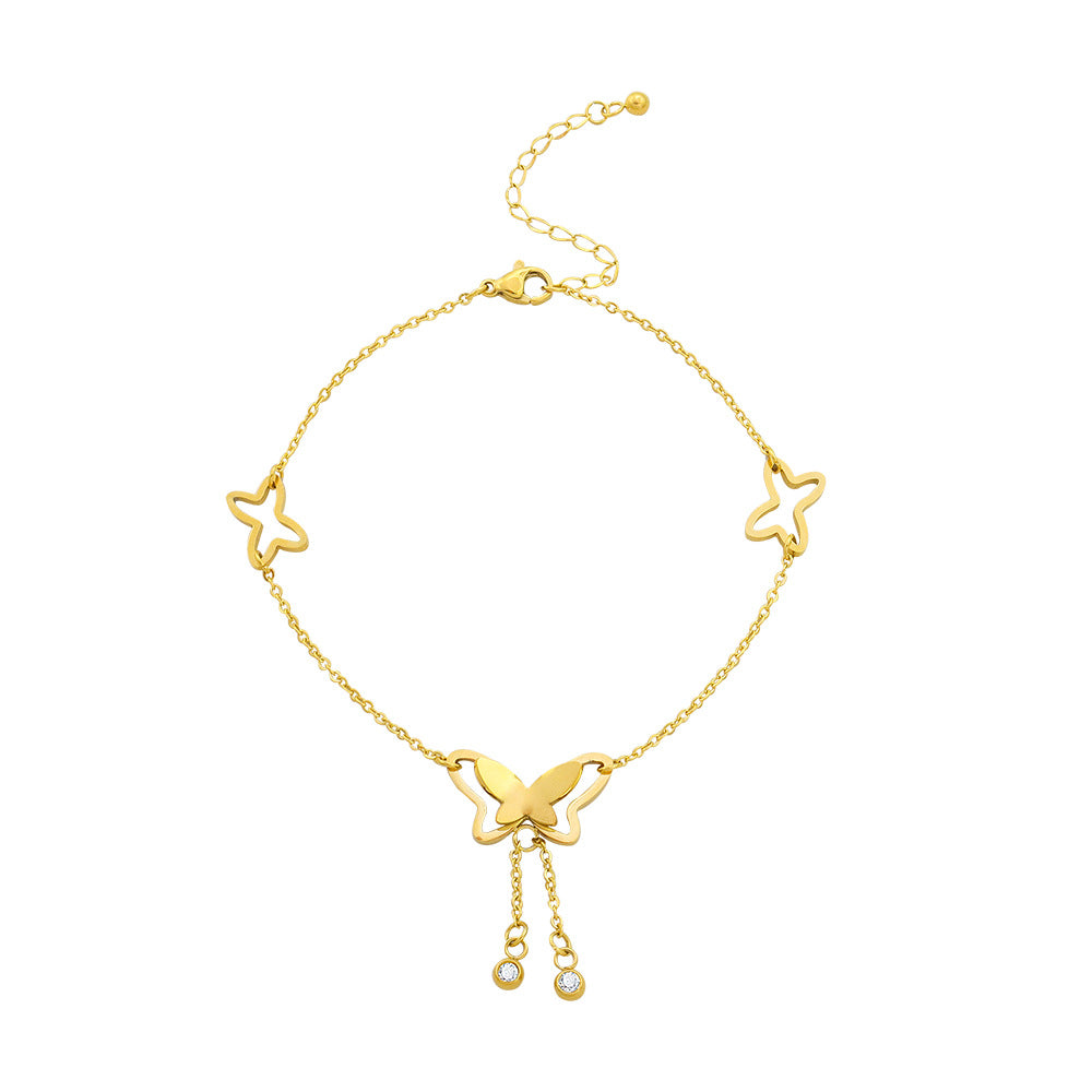 18K gold PVD plated 316L stainless steel butterfly tassel anklet with star details, adjustable extender, waterproof hypoallergenic summer jewelry for wholesale