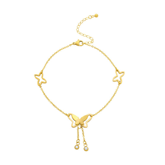 18K gold PVD plated 316L stainless steel butterfly tassel anklet with star details, adjustable extender, waterproof hypoallergenic summer jewelry for wholesale