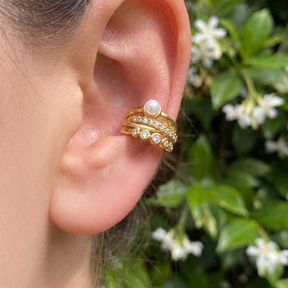 316L Stainless Steel 18K Gold PVD C-Shape Pearl-Studded Clip-On Earrings - C-Shape Pearl Crystal Minimalist Wholesale Stainless Steel Jewelry - Sensitive Skin Friendly - Detail 1