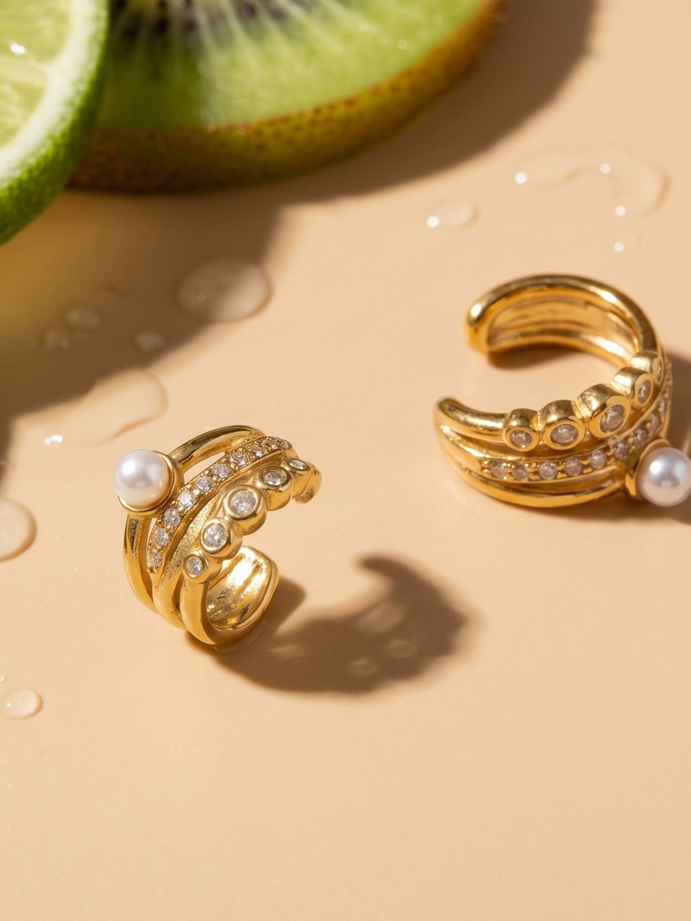316L Stainless Steel 18K Gold PVD C-Shape Pearl-Studded Clip-On Earrings - C-Shape Pearl Crystal Minimalist Wholesale Stainless Steel Jewelry - Sensitive Skin Friendly - Detail 11