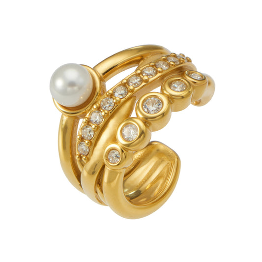 316L Stainless Steel 18K Gold PVD C-Shape Pearl-Studded Clip-On Earrings - C-Shape Pearl Crystal Minimalist Wholesale Stainless Steel Jewelry - Sensitive Skin Friendly - Detail 3