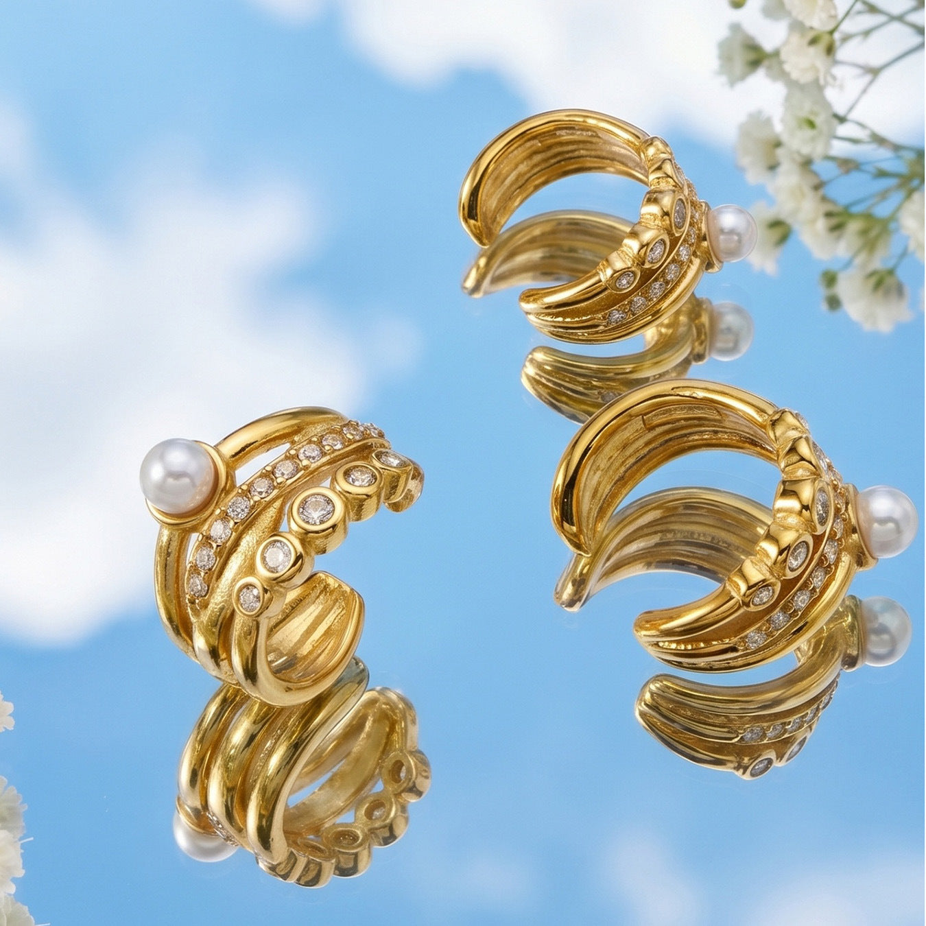316L Stainless Steel 18K Gold PVD C-Shape Pearl-Studded Clip-On Earrings - C-Shape Pearl Crystal Minimalist Wholesale Stainless Steel Jewelry - Sensitive Skin Friendly - Detail 4