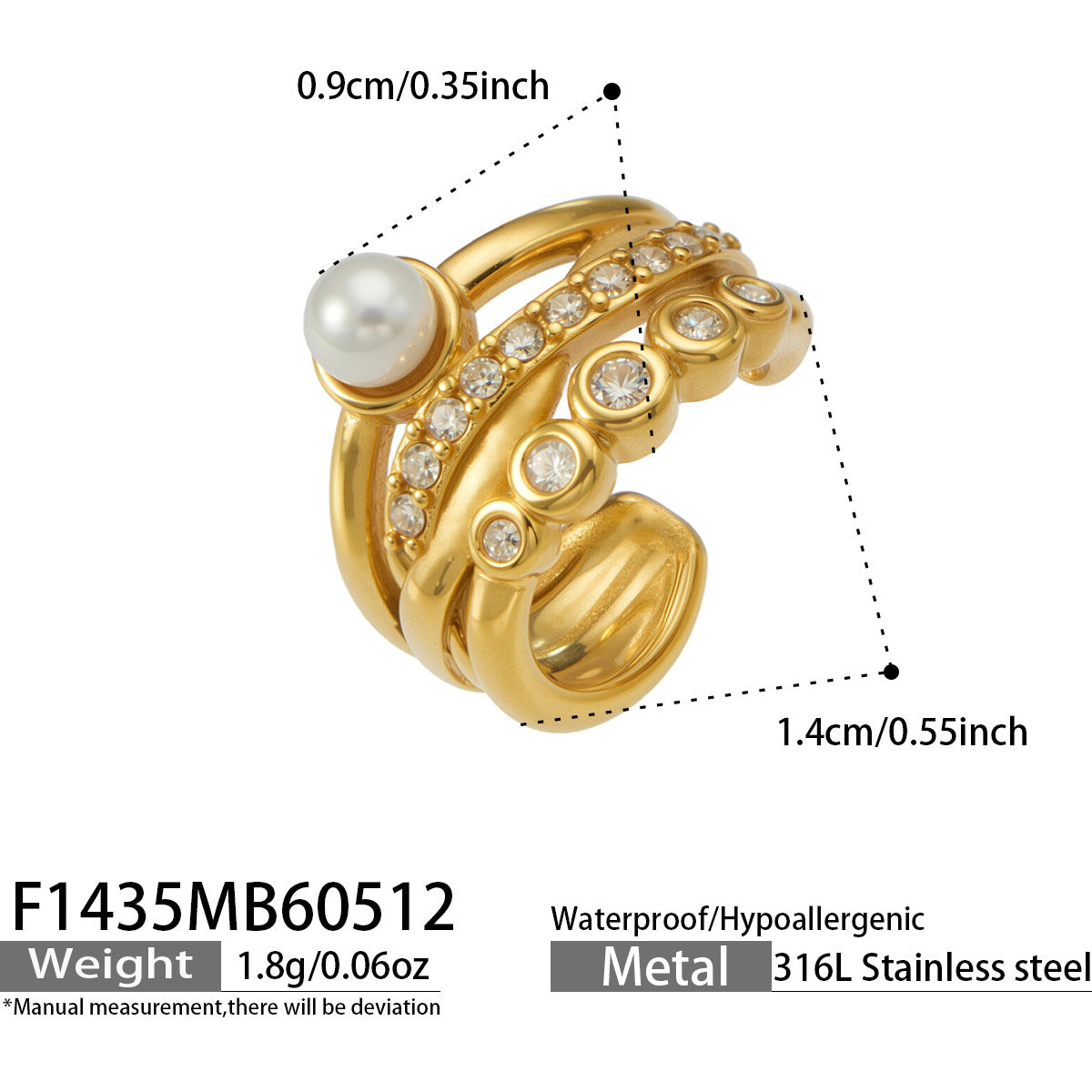 316L Stainless Steel 18K Gold PVD C-Shape Pearl-Studded Clip-On Earrings - C-Shape Pearl Crystal Minimalist Wholesale Stainless Steel Jewelry - Sensitive Skin Friendly - Detail 9