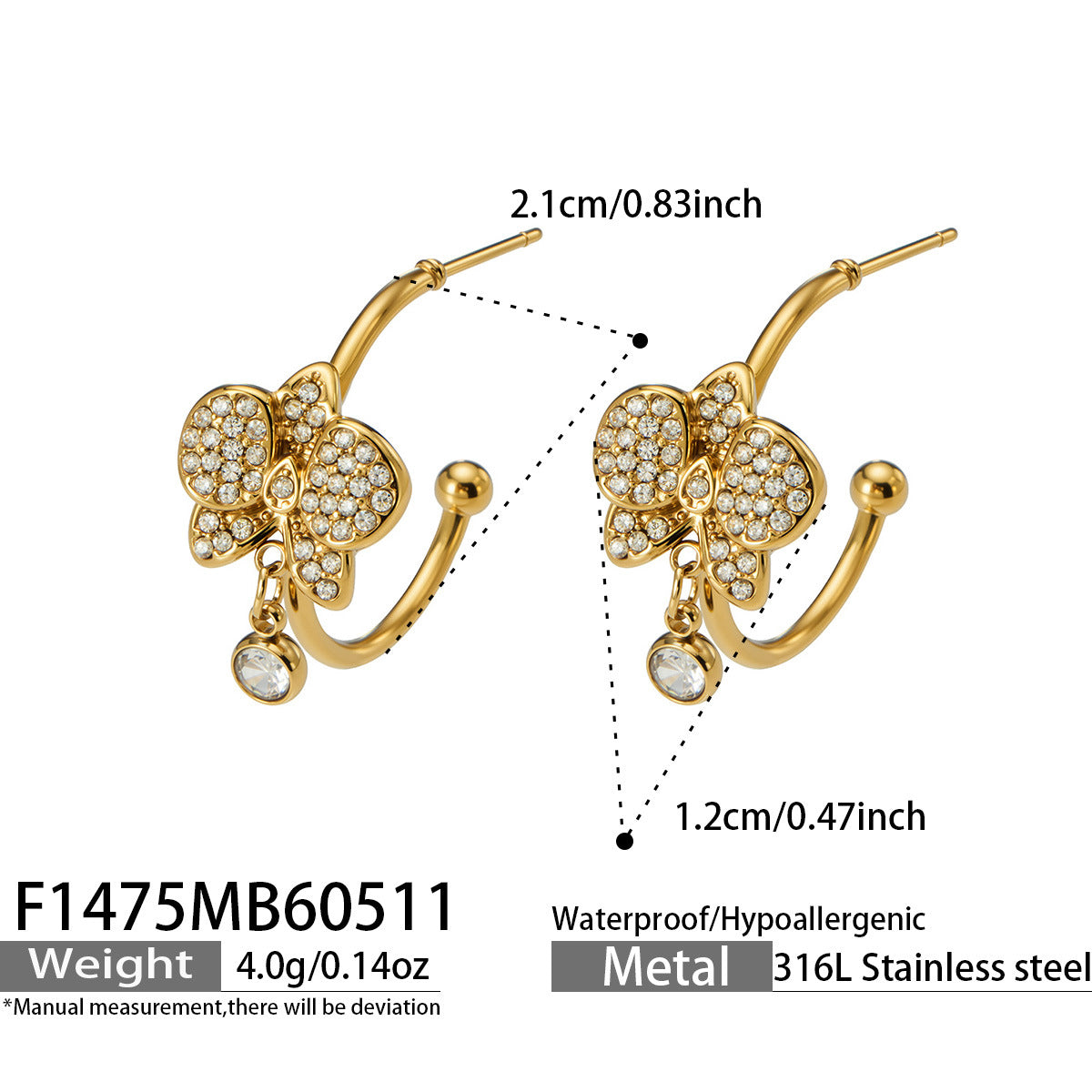 316L Stainless Steel 18K Gold PVD C-Shaped Butterfly Zircon Geometric Earrings - C-Shaped Butterfly Geometric Zircon Gold Earrings Wholesale Stainless Steel Jewelry - Sensitive Skin Friendly - Detail 9