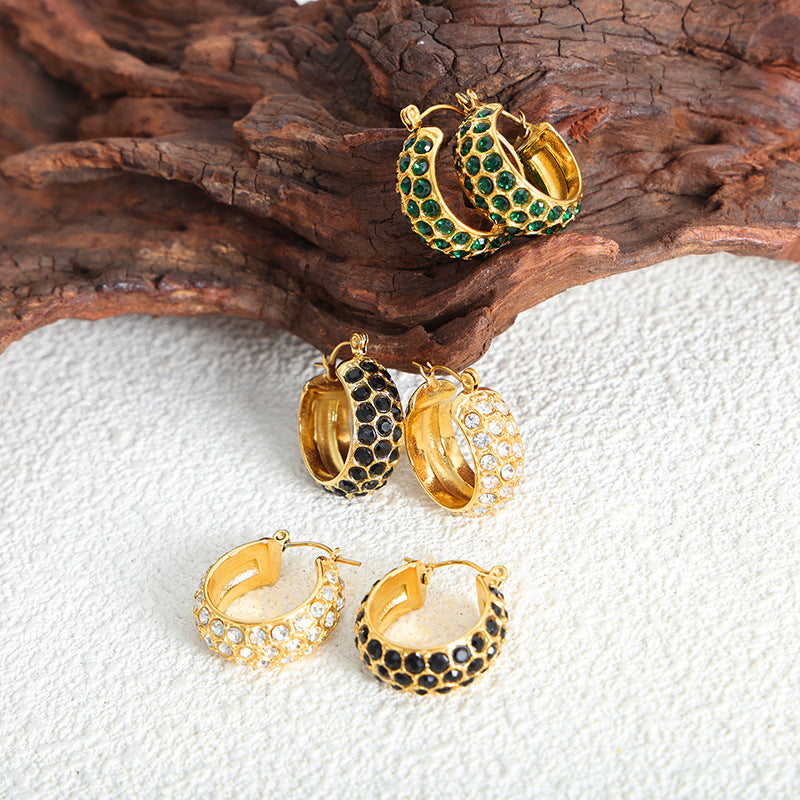 316L Stainless Steel 18K Gold PVD C-Shaped Pave Zircon Earrings - C-Shaped Earrings Multi-Color Zircon Pave Statement Gold Wholesale Stainless Steel Jewelry - Sensitive Skin Friendly - Detail 1