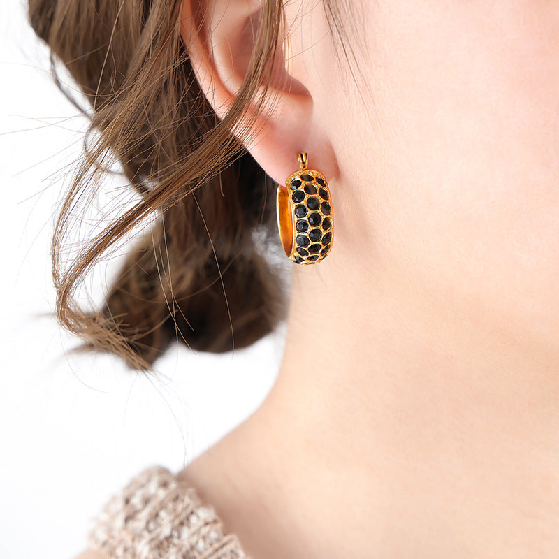 316L Stainless Steel 18K Gold PVD C-Shaped Pave Zircon Earrings - C-Shaped Earrings Multi-Color Zircon Pave Statement Gold Wholesale Stainless Steel Jewelry - Sensitive Skin Friendly - Detail 2