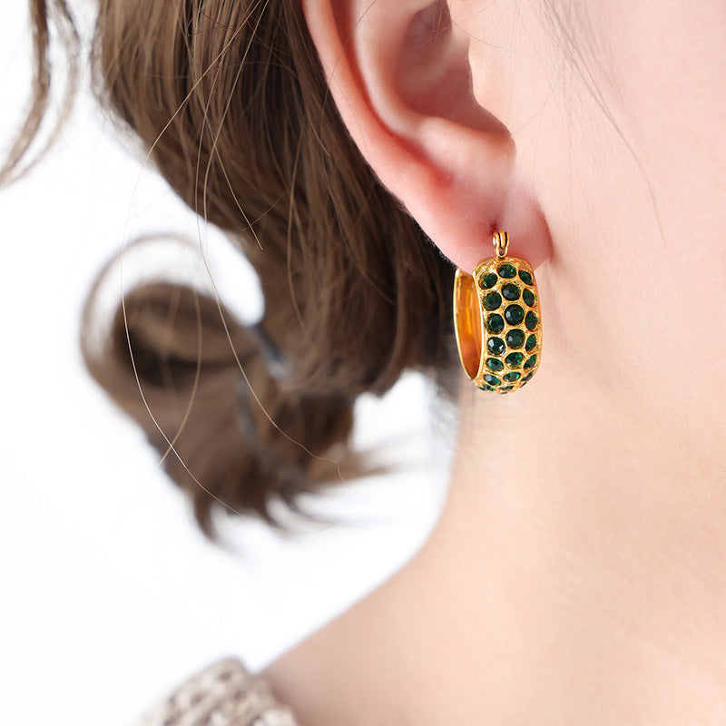 316L Stainless Steel 18K Gold PVD C-Shaped Pave Zircon Earrings - C-Shaped Earrings Multi-Color Zircon Pave Statement Gold Wholesale Stainless Steel Jewelry - Sensitive Skin Friendly - Detail 3
