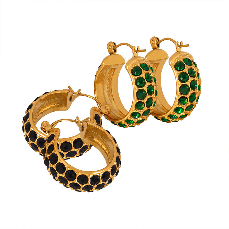 316L Stainless Steel 18K Gold PVD C-Shaped Pave Zircon Earrings - C-Shaped Earrings Multi-Color Zircon Pave Statement Gold Wholesale Stainless Steel Jewelry - Sensitive Skin Friendly - Detail 4
