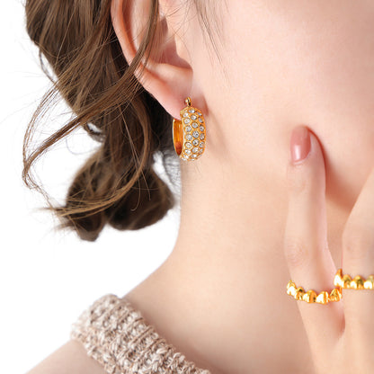 316L Stainless Steel 18K Gold PVD C-Shaped Pave Zircon Earrings - C-Shaped Earrings Multi-Color Zircon Pave Statement Gold Wholesale Stainless Steel Jewelry - Sensitive Skin Friendly - Detail 5