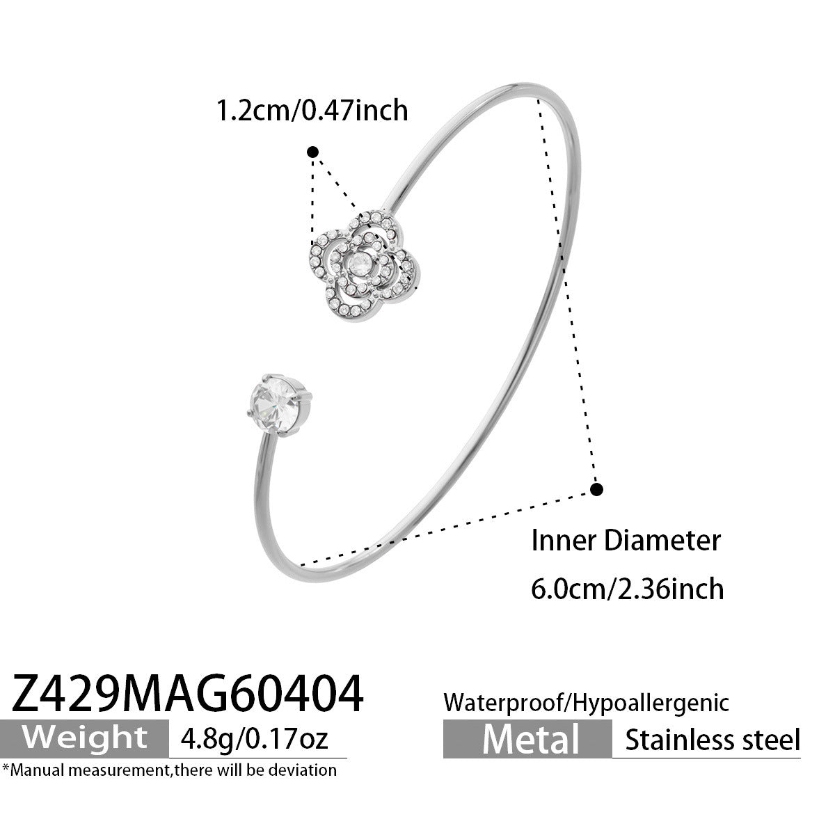 316L Stainless Steel 18K Gold PVD Camellia CZ Open Bangle Size Chart, 6.0cm Inner Diameter Adjustable Cuff Bracelet, Hypoallergenic Waterproof Jewelry