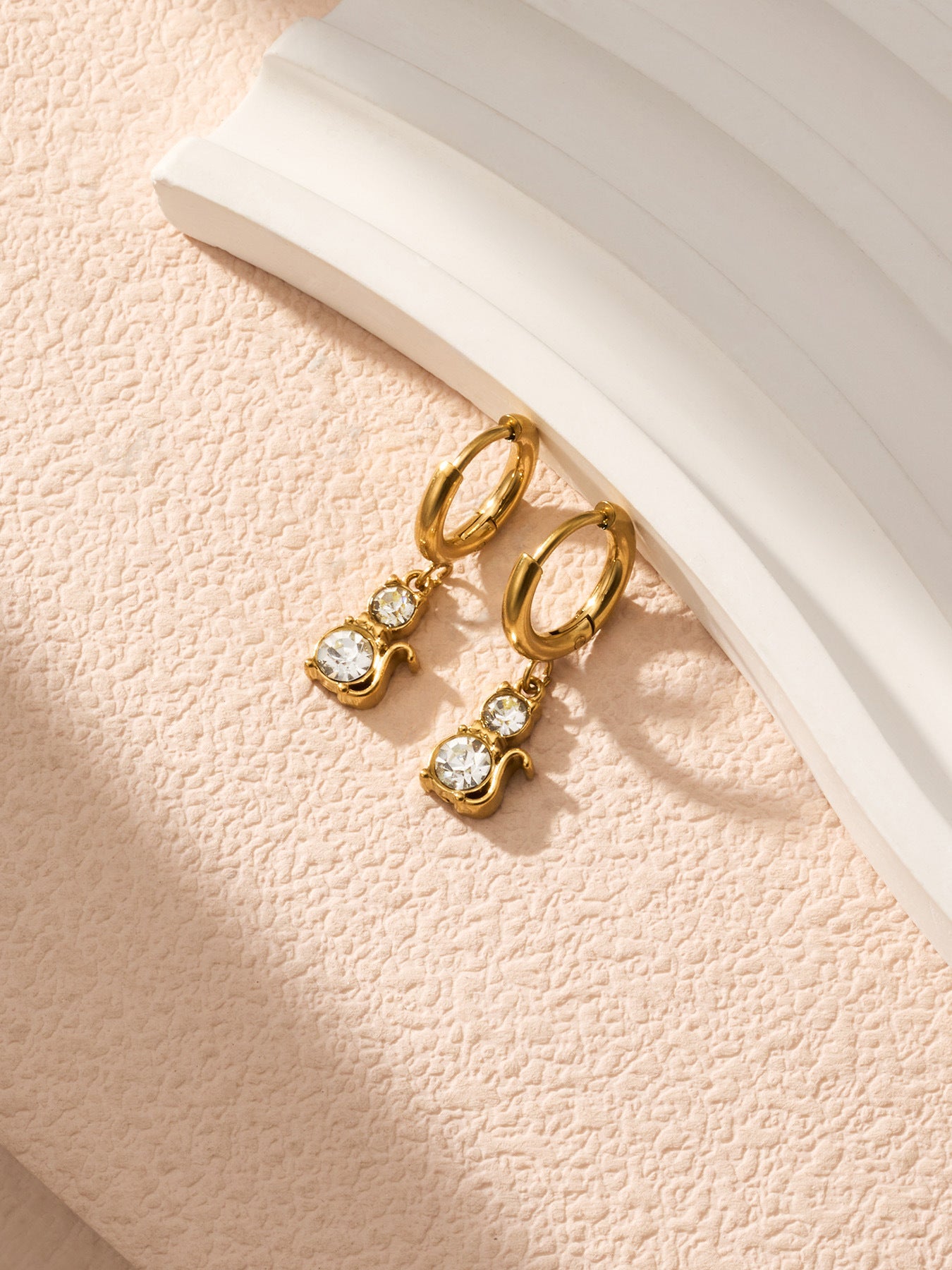 316L Stainless Steel 18K Gold PVD Cat Ear Zircon Earrings - Playful Cat Ear Zircon Earrings Wholesale Stainless Steel Jewelry - Sensitive Skin Friendly - Detail 19