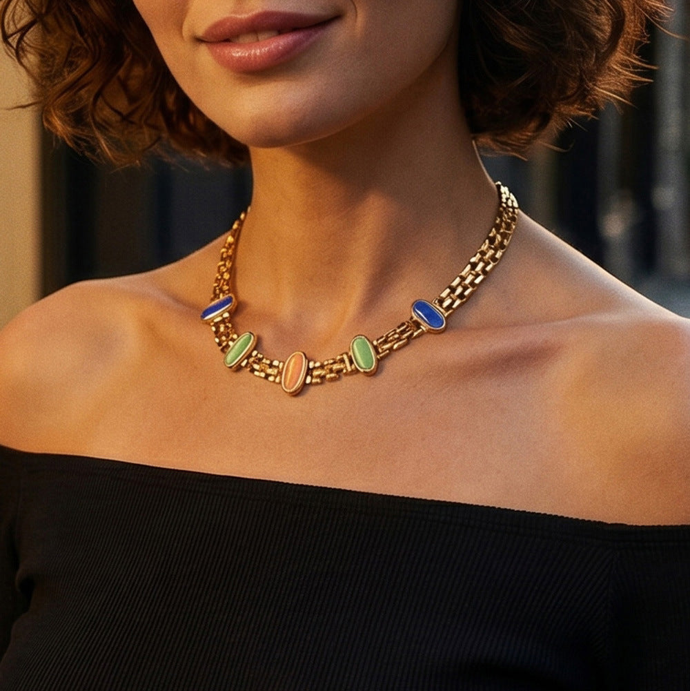 316L Stainless Steel 18K Gold PVD Cat Eye Stone Bracelet & Necklace Collection - Cat Eye Stone Minimalist Luxury Gold Jewelry Modern Layering Elegant Gemstone Wholesale Stainless Steel Jewelry - Sensitive Skin Friendly - Detail 16