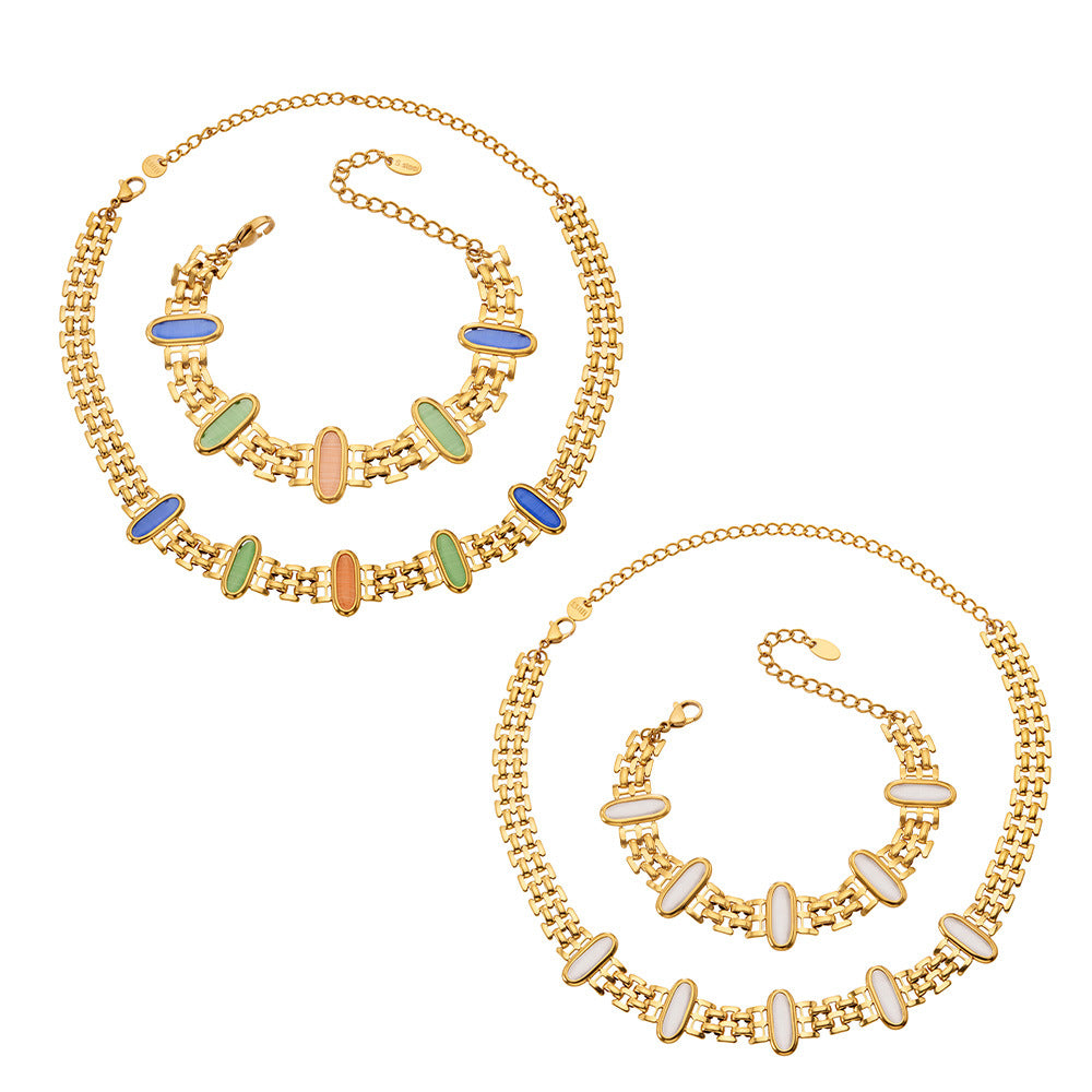 316L Stainless Steel 18K Gold PVD Cat Eye Stone Bracelet & Necklace Collection - Cat Eye Stone Minimalist Luxury Gold Jewelry Modern Layering Elegant Gemstone Wholesale Stainless Steel Jewelry - Sensitive Skin Friendly - Detail 17