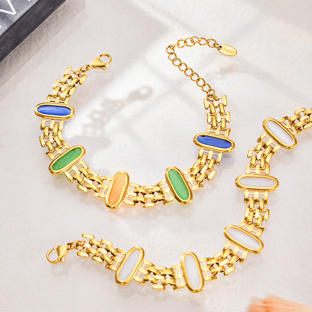 316L Stainless Steel 18K Gold PVD Cat Eye Stone Bracelet & Necklace Collection - Cat Eye Stone Minimalist Luxury Gold Jewelry Modern Layering Elegant Gemstone Wholesale Stainless Steel Jewelry - Sensitive Skin Friendly - Detail 5
