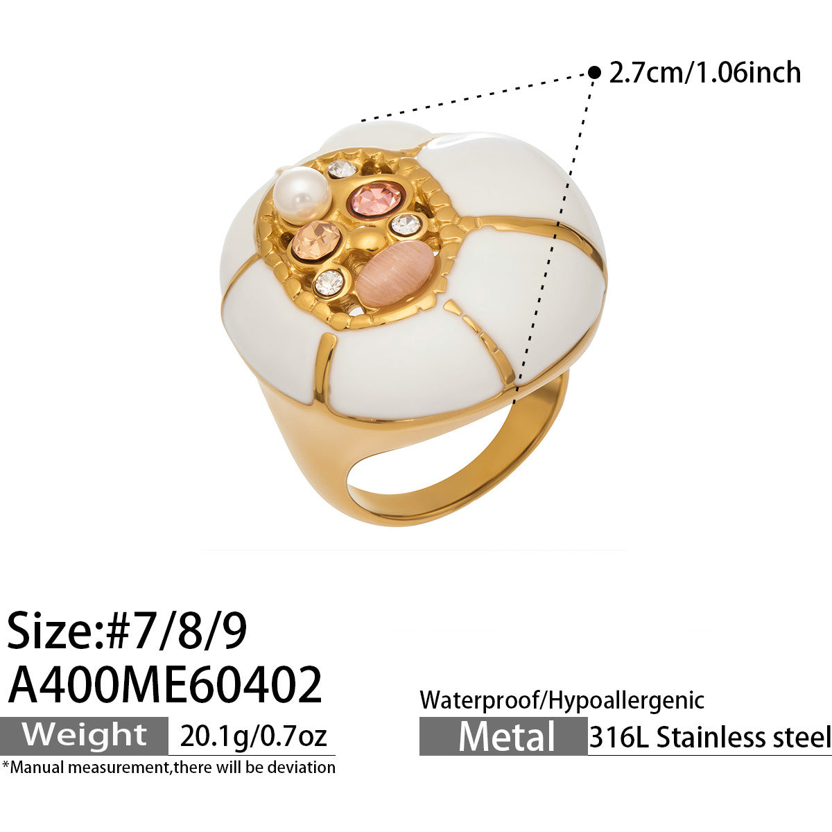 316L Stainless Steel 18K Gold PVD Cat's Eye Bead Dangle Ring - Vintage Gold Band Cat's Eye Wholesale Stainless Steel Jewelry - Sensitive Skin Friendly - Detail 12