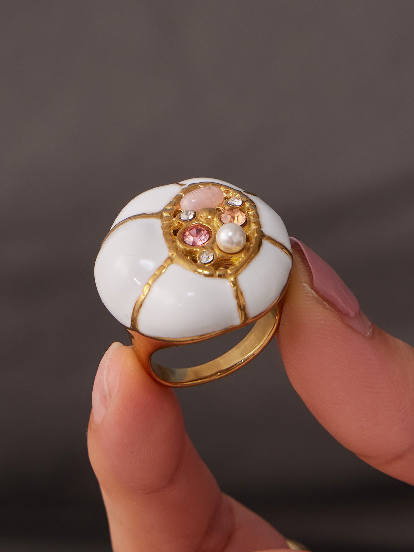 316L Stainless Steel 18K Gold PVD Cat's Eye Bead Dangle Ring - Vintage Gold Band Cat's Eye Wholesale Stainless Steel Jewelry - Sensitive Skin Friendly - Detail 6