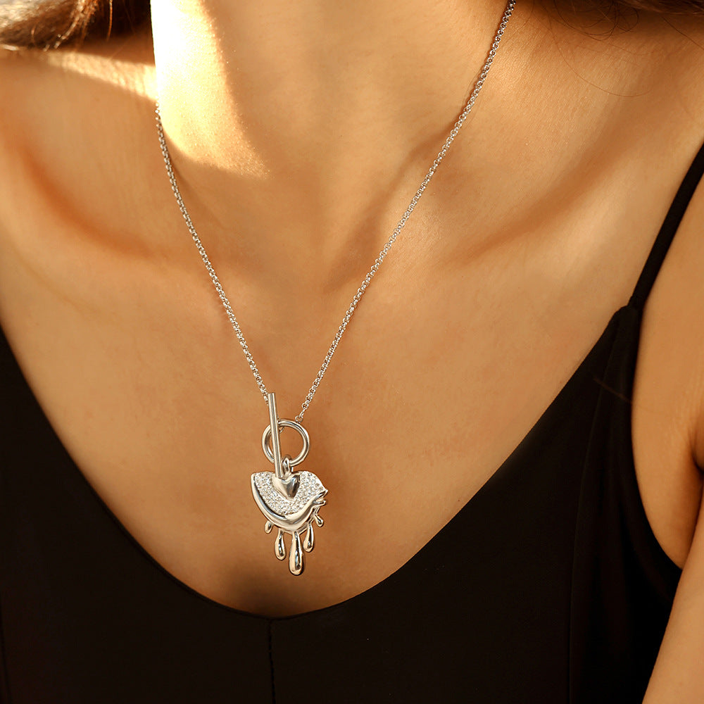 316L Stainless Steel 18K Gold PVD Chic Melting Heart Rhinestone Toggle Necklace - Chic Melting Heart Rhinestone Pendant Toggle Clasp Wholesale Stainless Steel Jewelry - Sensitive Skin Friendly - Detail 1